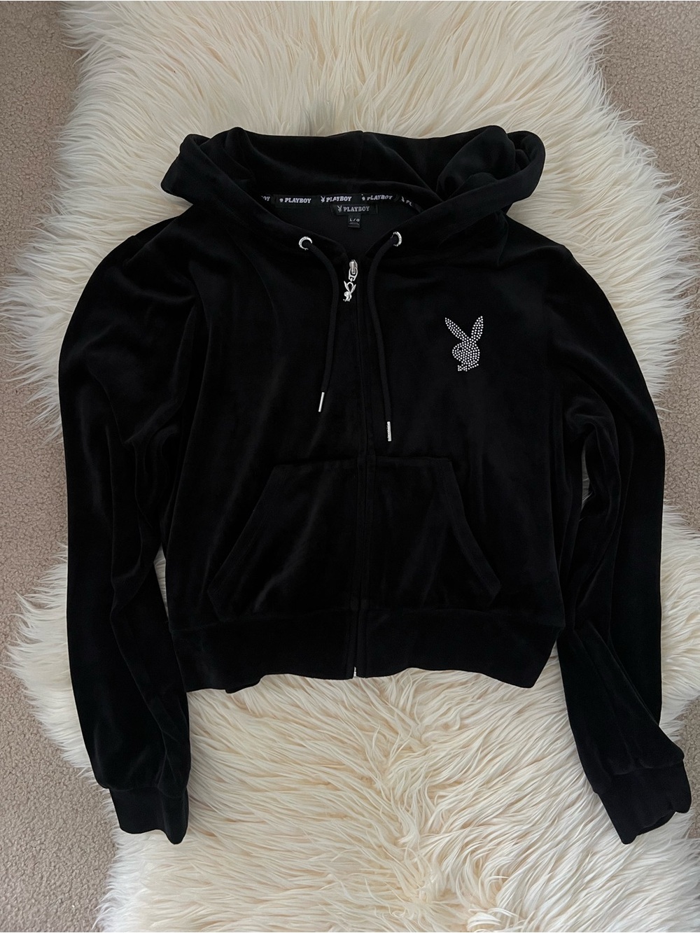 Playboy Black Velour Rhinestone Zip-Up Hoodie Y2K Cropped Size
Large